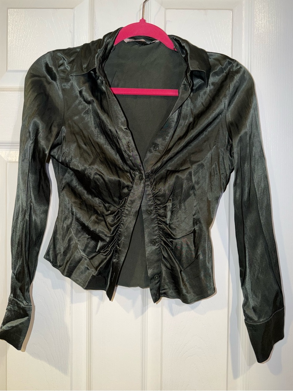 Zara Emerald Green Satin Button-up Blouse with Ruched Detail